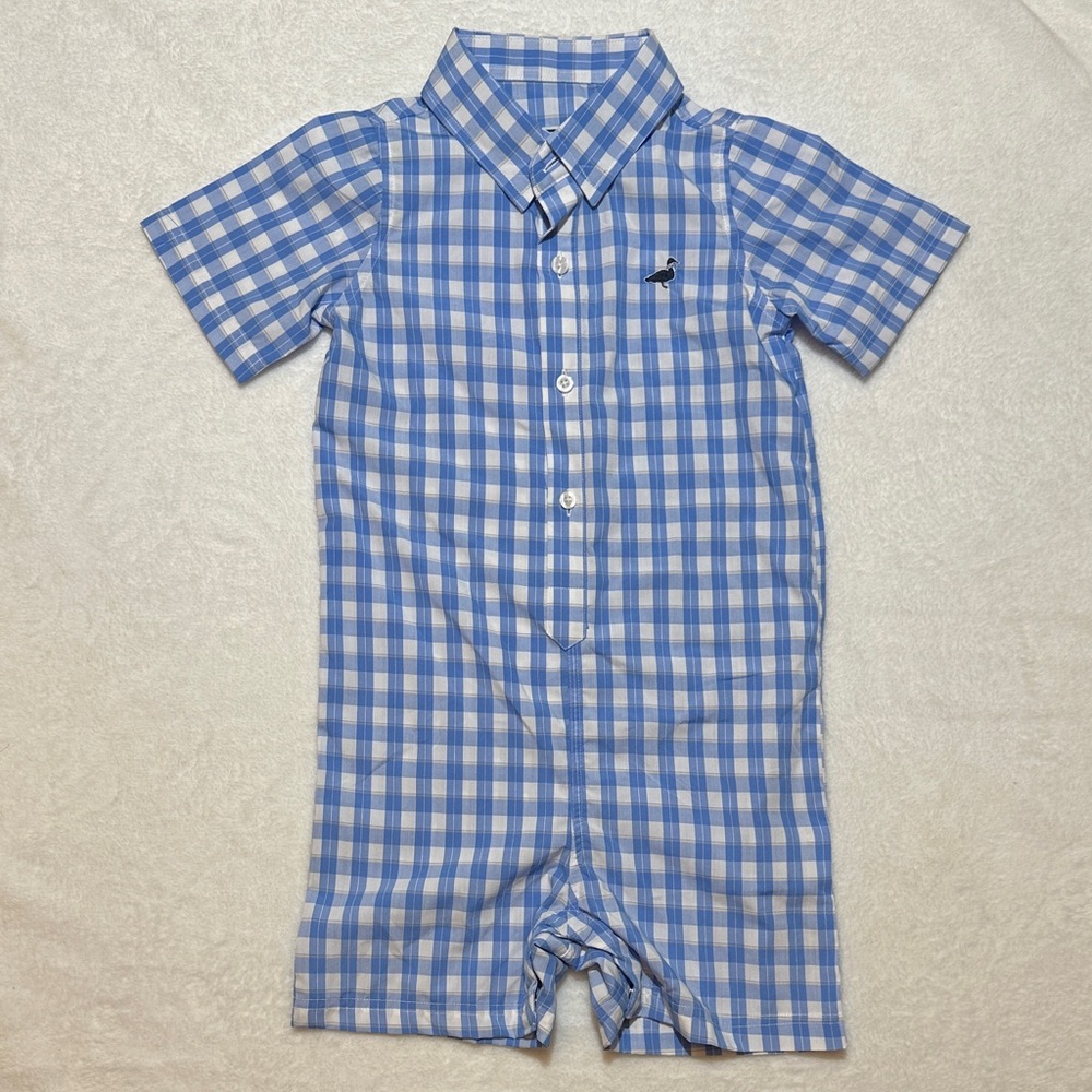 Properly Tied Shortall Romper Blue and White Plaid
